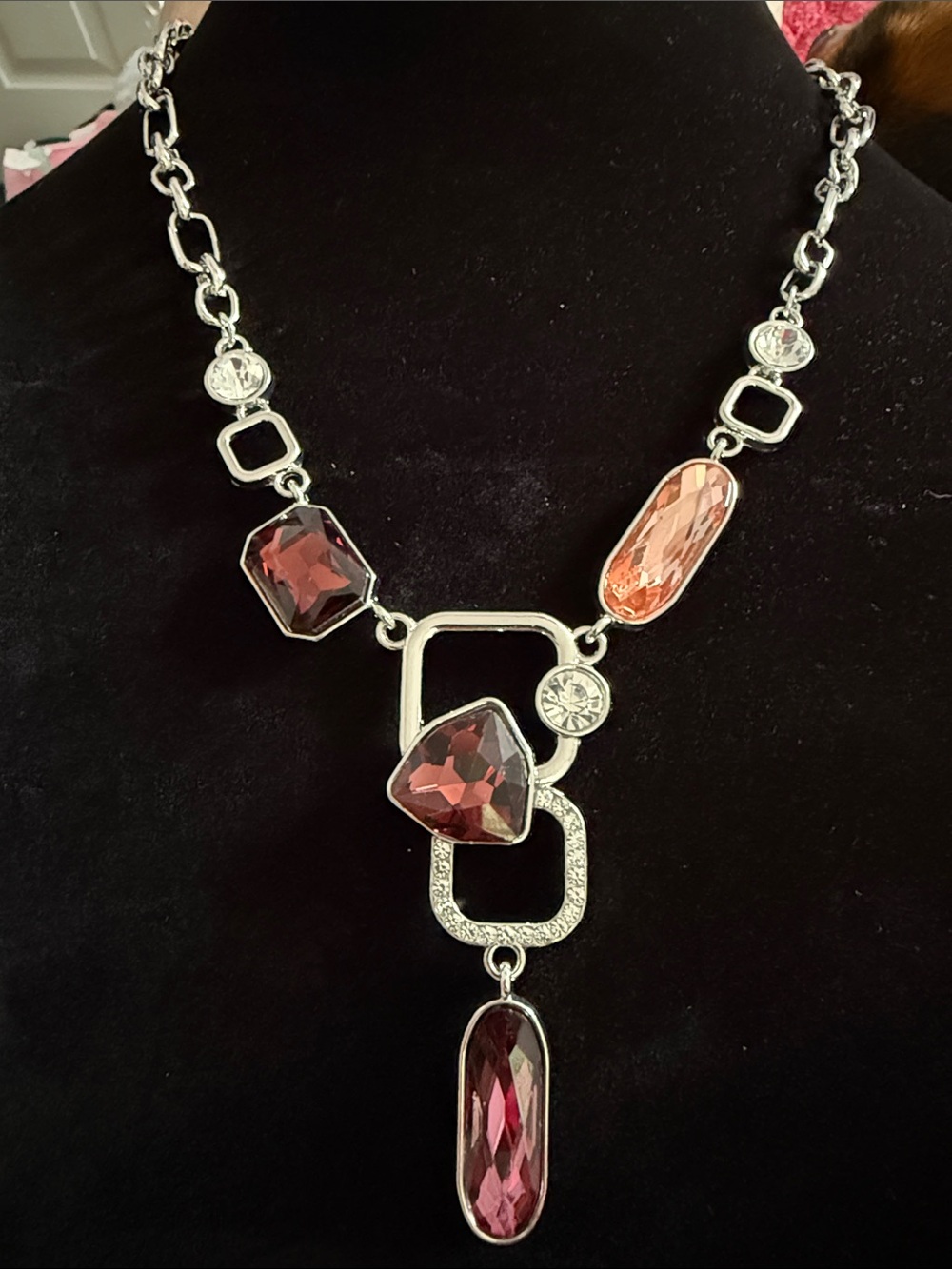 New Women’s 14” Crystal Pendant Glitz Necklace - Pink and Rose Stones